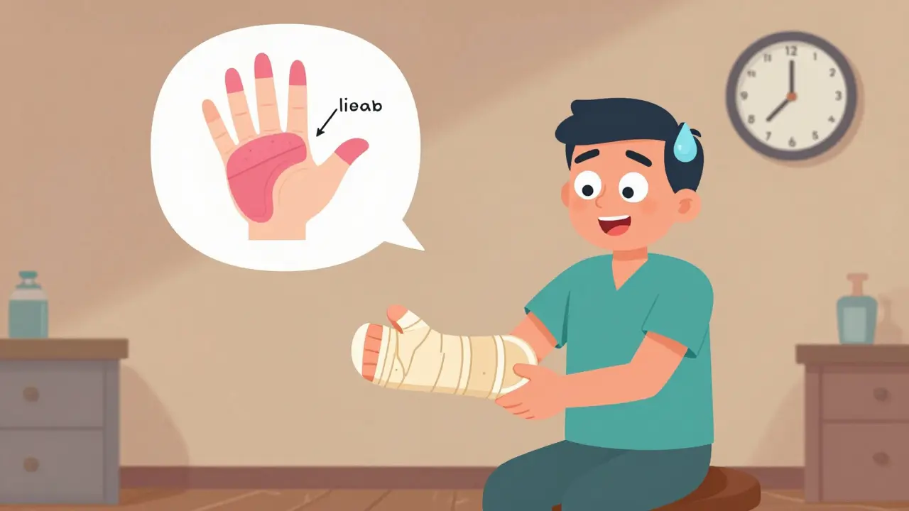 A therapist shows nerve exercises to a patient wearing a large wrist splint, with a hand diagram floating nearby.
