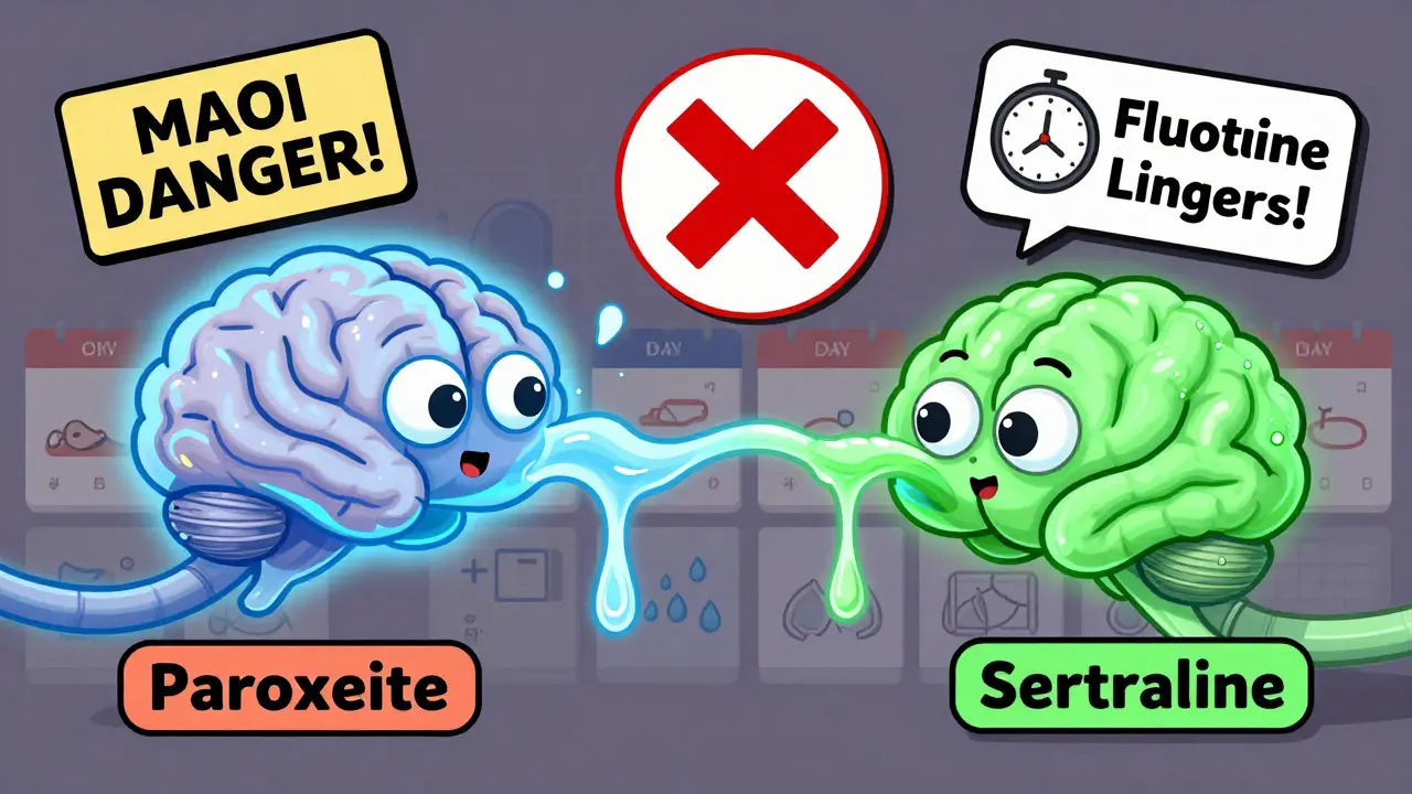 A whimsical brain transitioning from one antidepressant to another, with warning signs and a 5-week clock in rubber hose animation style.