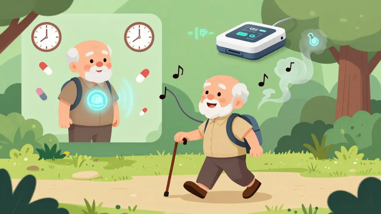 An elderly person walks happily in a park, past a faded image of their former stiff self, with a glowing DBS device pulsing gently.