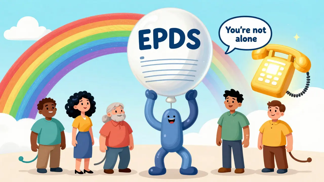 Diverse parents holding a screening form with a rainbow bridge to a support hotline, in cheerful rubber hose cartoon style.