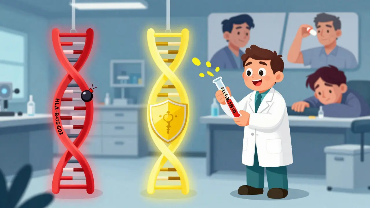 DNA strands showing genetic risk and protection, doctor holding test tube that becomes a key