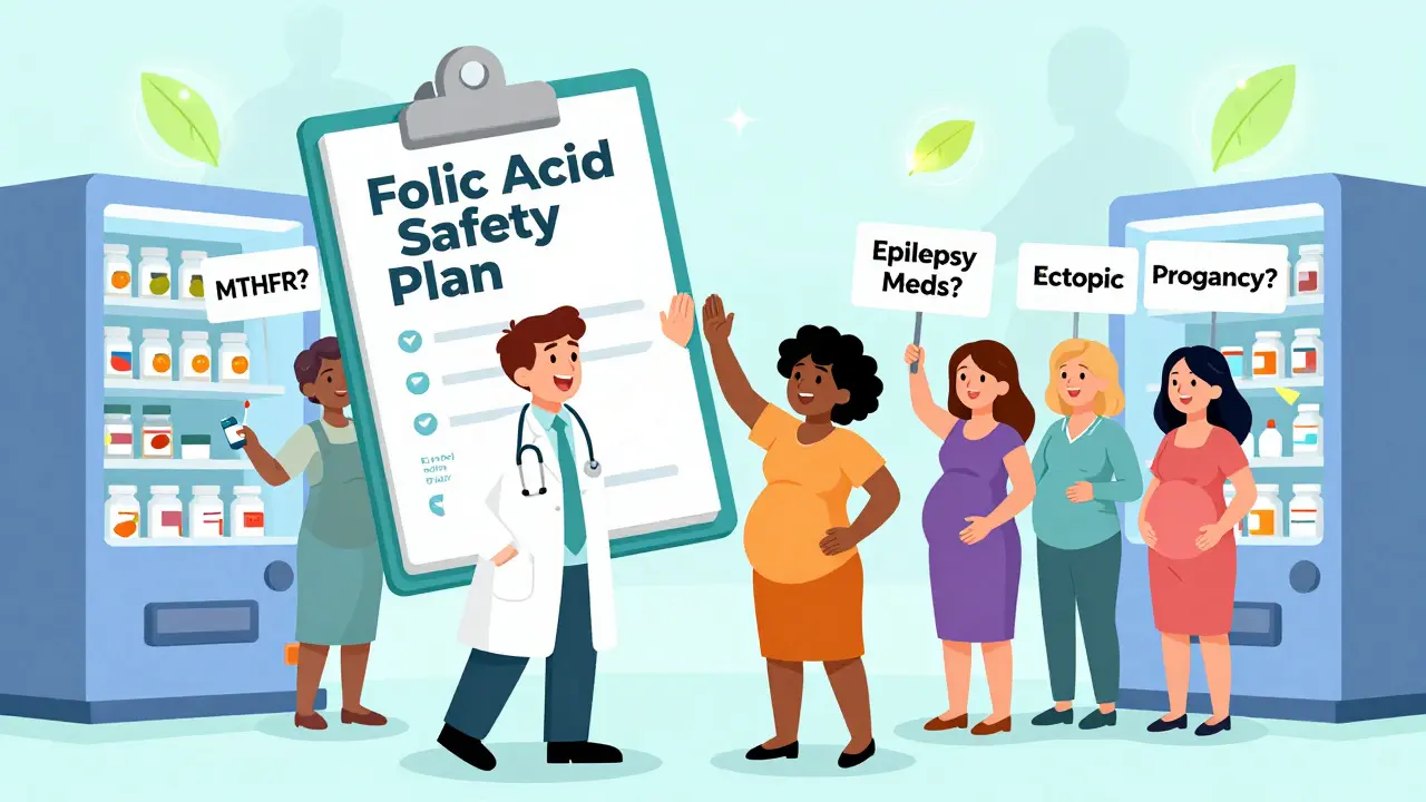 Doctor and pharmacist high-fiving over a folic acid safety plan with diverse pregnant women holding medical condition signs.
