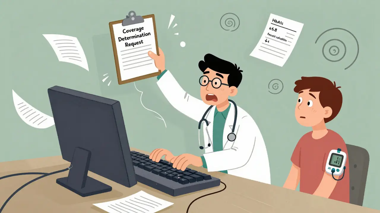 Doctor typing frantically with floating lab results as patient watches anxiously