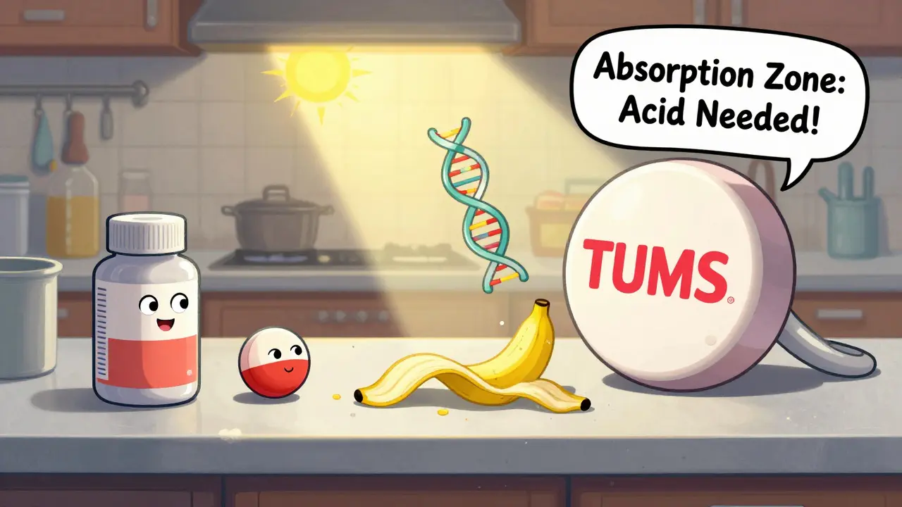Folic acid pill slipping away from iron and antacid pills on a kitchen counter, cartoon illustration.