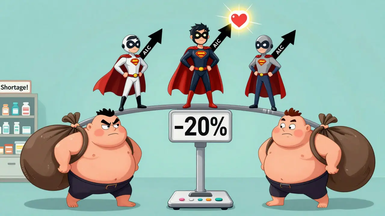 GLP-1 drug superheroes stand atop a scale showing -20% weight loss, while older diabetes meds drag heavy weight bags.