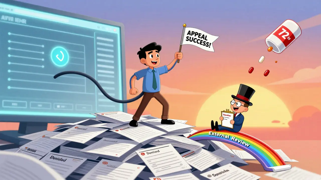 Patient celebrating on pile of denied letters as emergency pills rain down