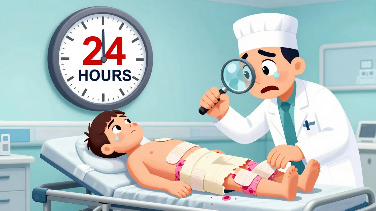 Patient in burn unit with peeling skin, doctors applying bandages, giant clock ticking