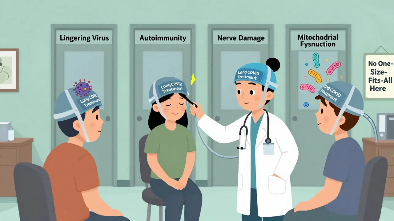 Patients wearing custom hats representing different Long COVID causes, standing before four labeled doors in a doctor's office.