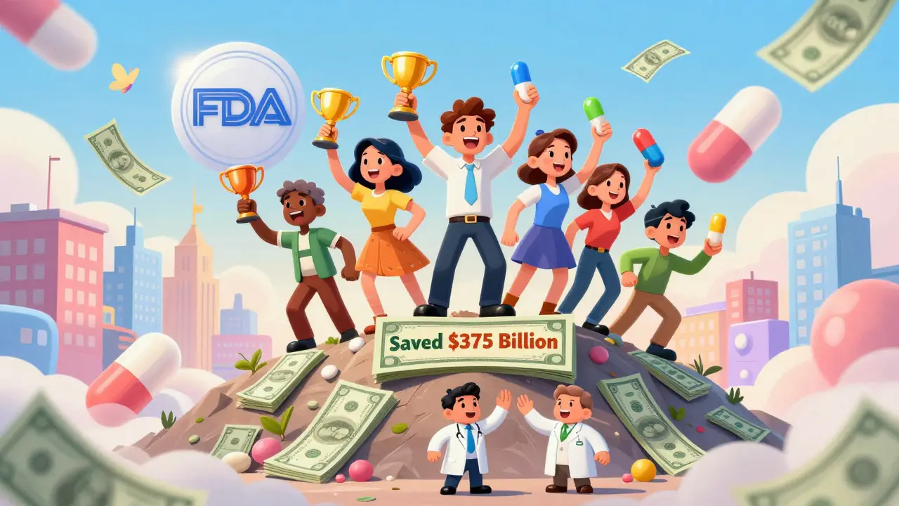 People celebrate holding generic pills atop a mountain of saved money, with pill-shaped buildings.