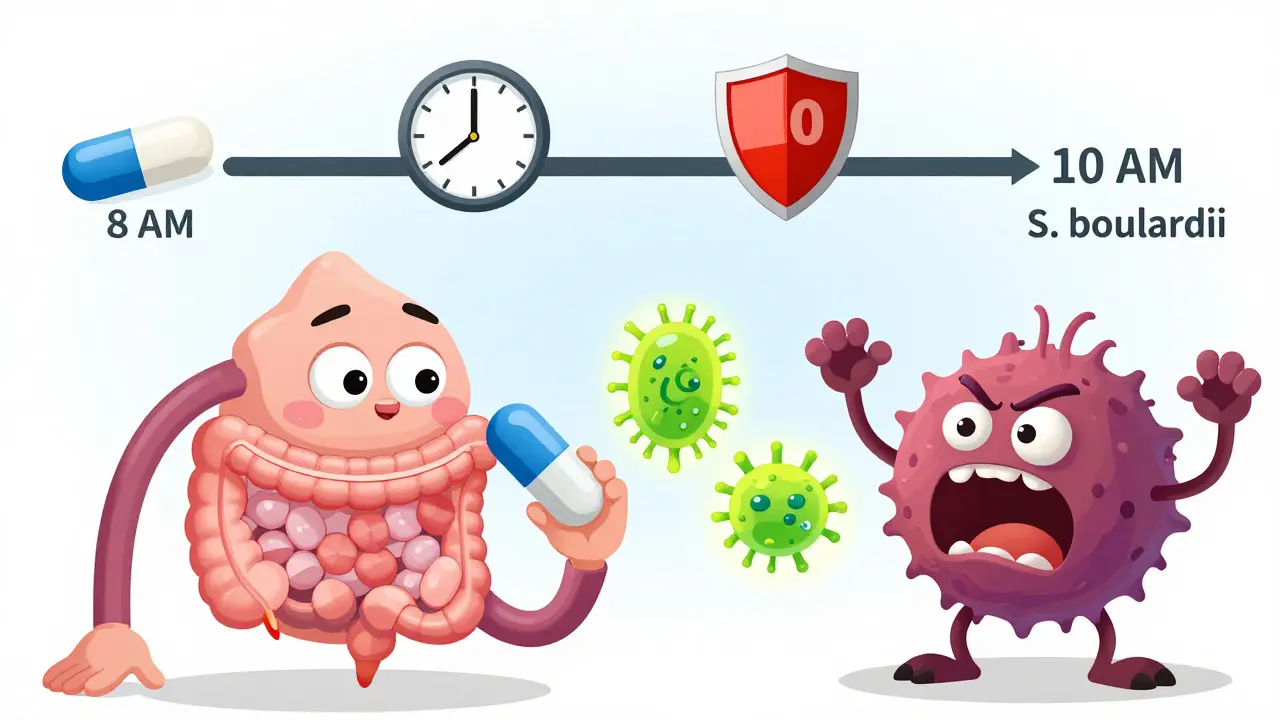 Person taking probiotic two hours after antibiotic, with shield protecting good bacteria