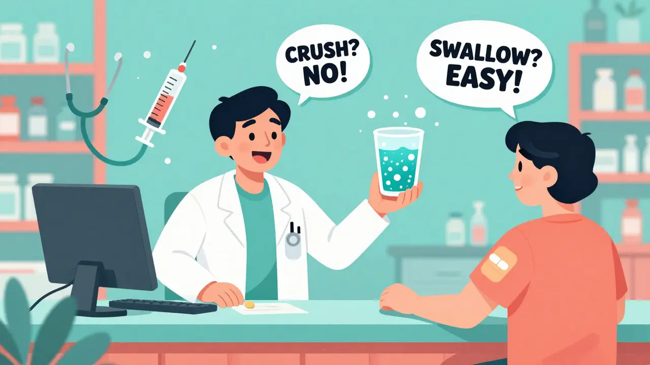 Pharmacist offering alternative medication forms: dissolvable tablet, patch, and fizzy drink.