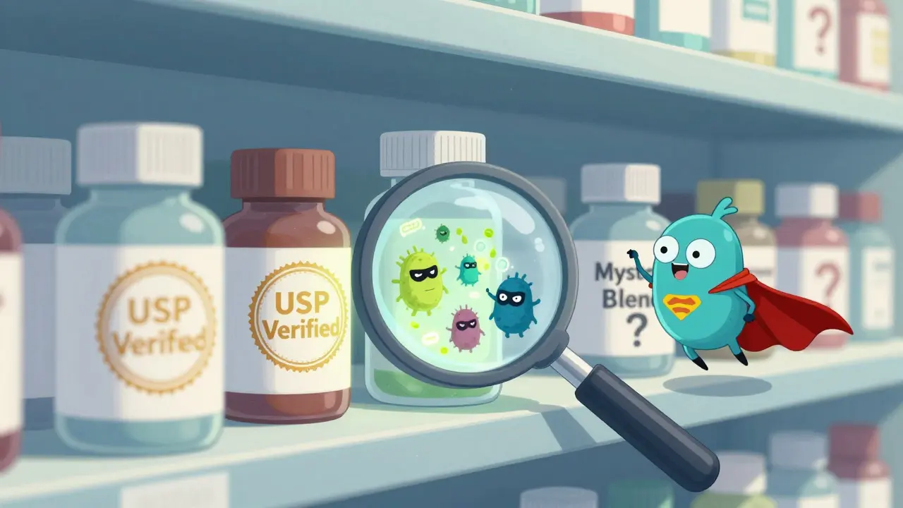 Pharmacy shelf with verified and unverified probiotics, superhero stopping resistance genes