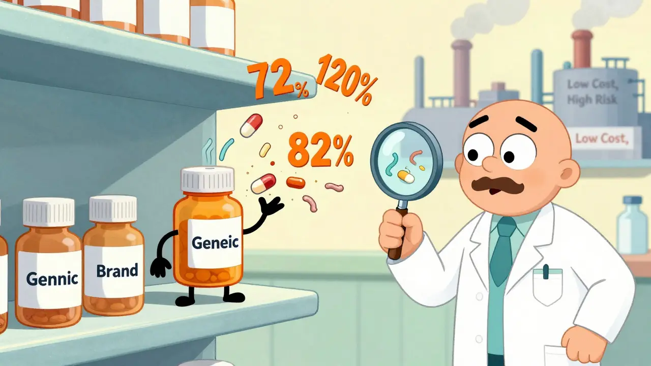 Pharmacy shelves with generic pills spewing uneven doses, one pill crumbling to reveal hidden ingredients.