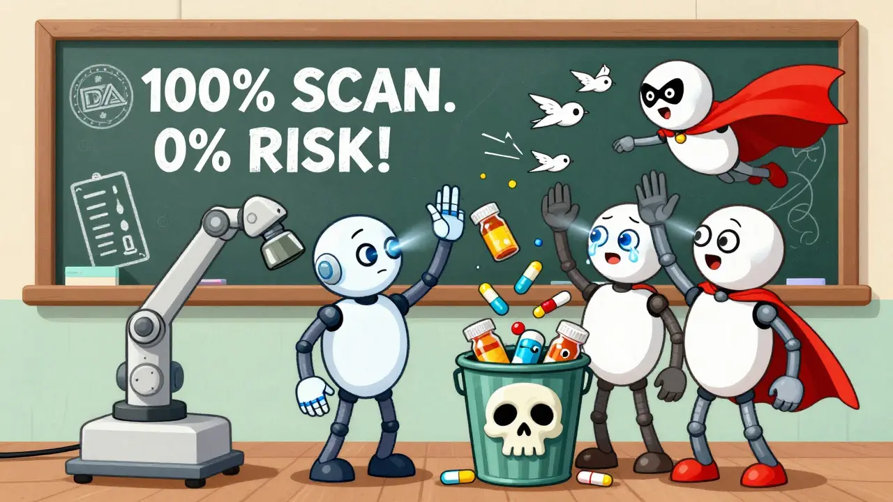 Pharmacy team celebrates as a robot scans all pills, while fake drugs with crying faces are thrown away.