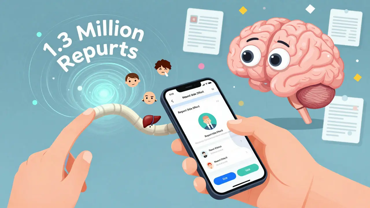 Someone using the MedWatch app as symptoms fly into a data vortex with a smiling AI brain watching.