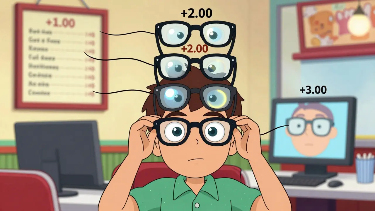 Someone wearing three pairs of reading glasses on their head, looking at different objects with wobbly vision lines.