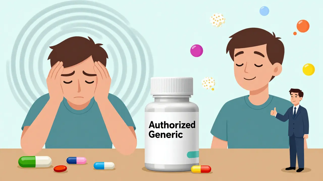 Split-screen: one side shows a sick patient with a regular generic, the other shows a happy patient with an authorized generic that matches the brand.