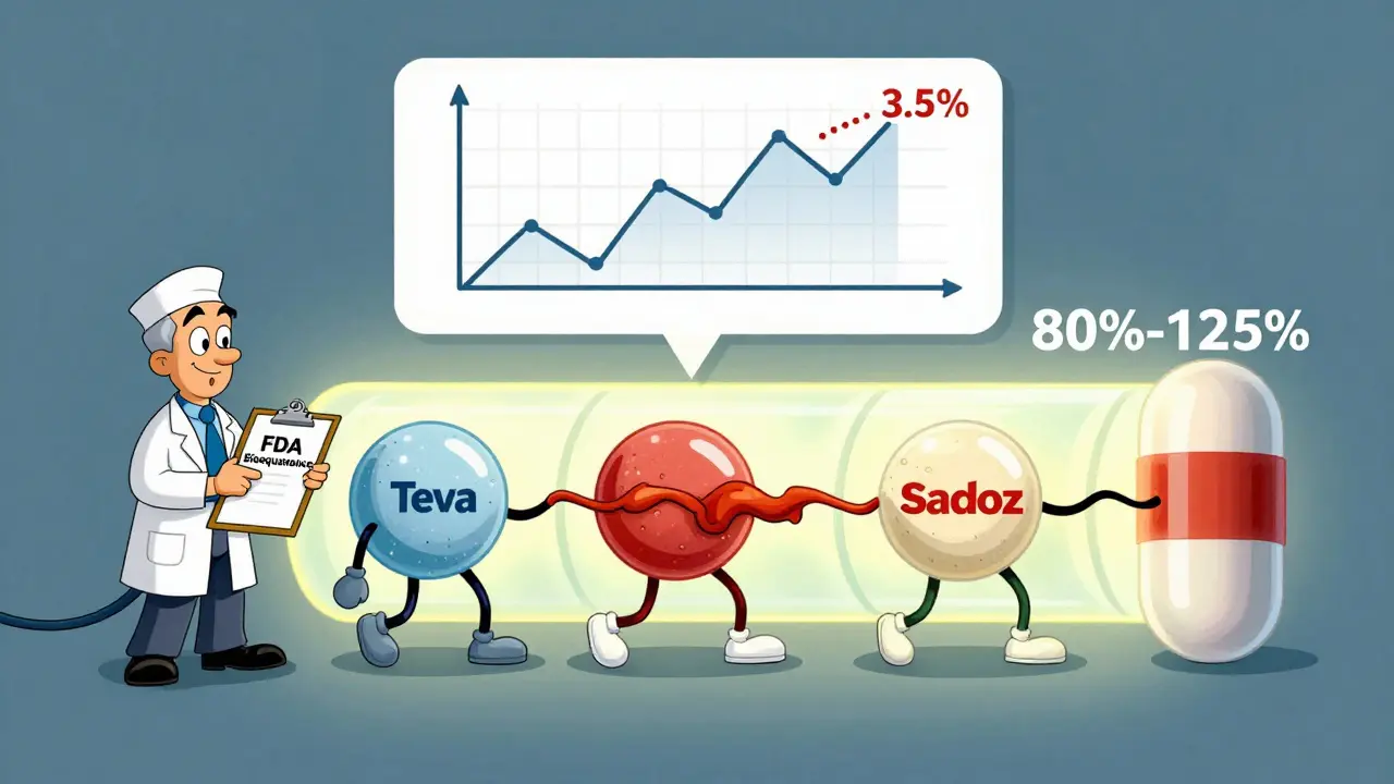 Three generic pills passing through a bioequivalence tunnel, matching the height of a brand pill.