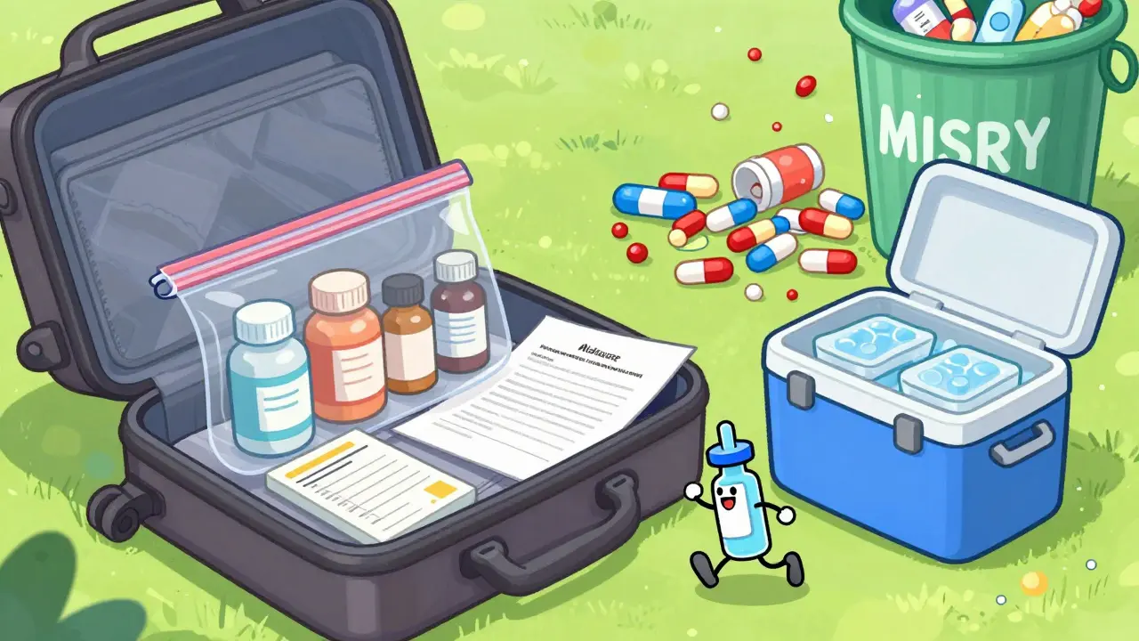 Traveler packing original med bottles in clear bag with prescription and cooler, chaotic pills in trash.