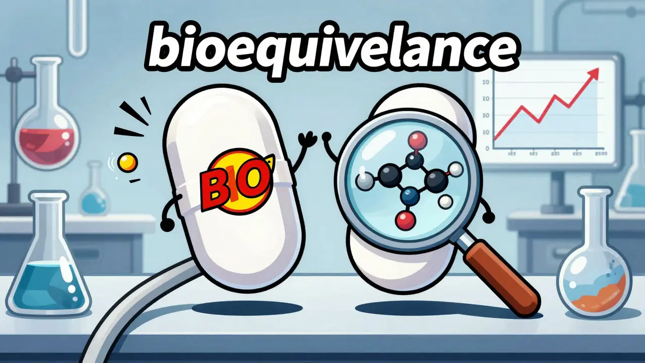 Two pills with identical insides float beside each other as lab graphs show perfect match.