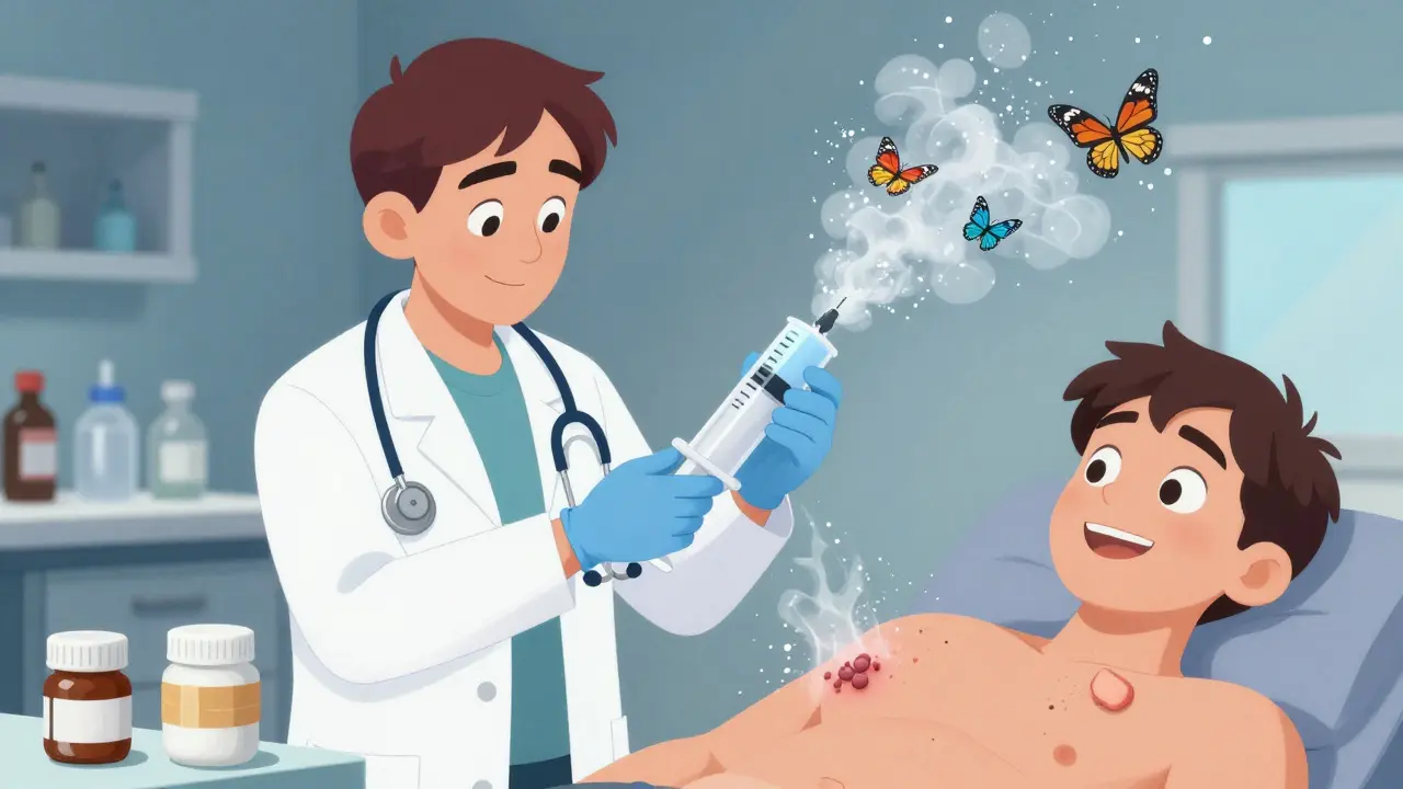 A dermatologist freezing a wart with liquid nitrogen, turning it into butterflies as failed remedies slump nearby.