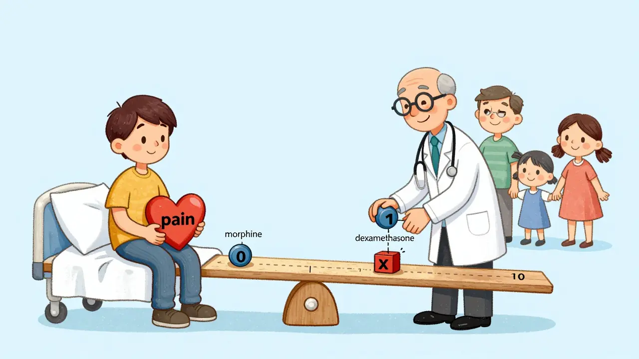 A doctor and patient balancing a giant pain scale with medical treatments, family nearby, in whimsical cartoon style.