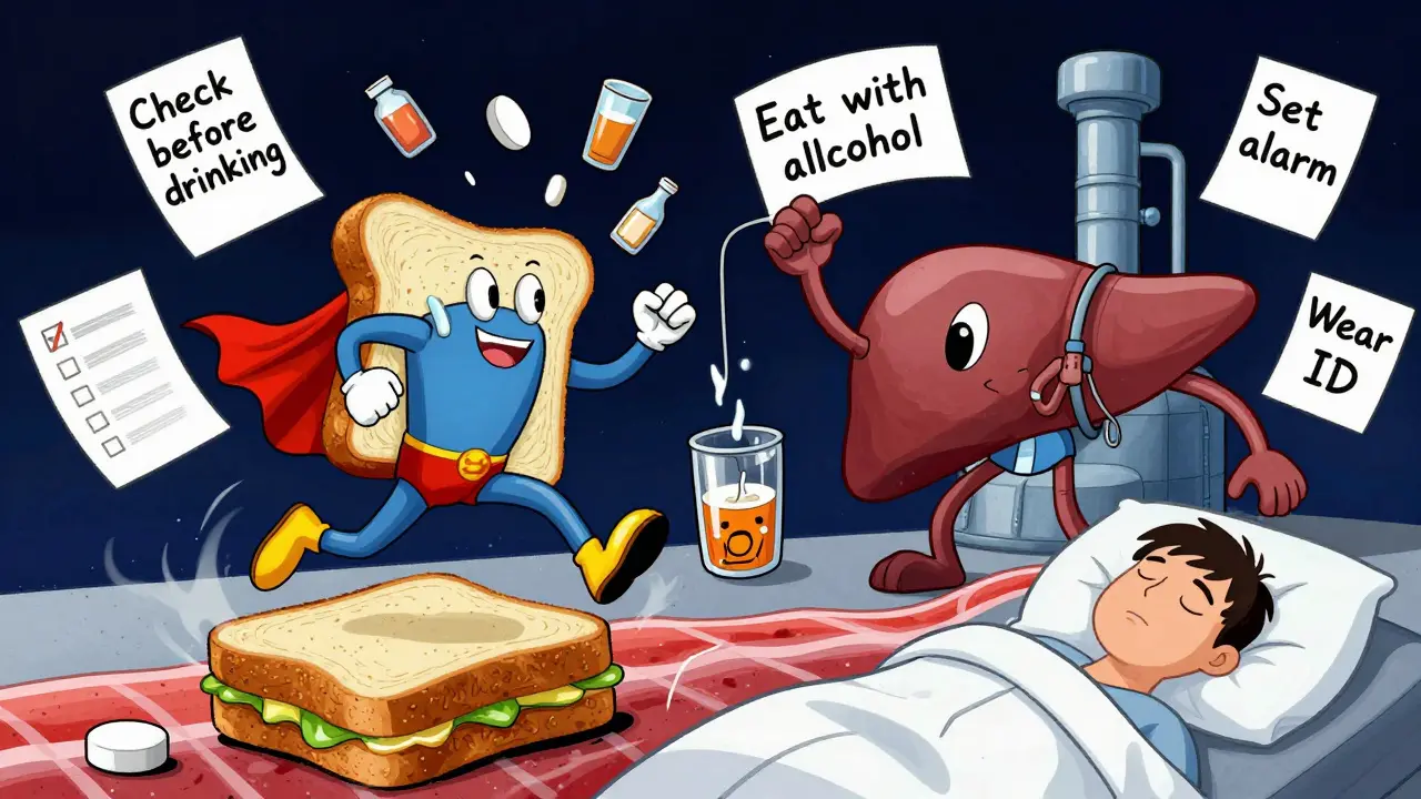 A glucose tablet hero rescuing a sleeping diabetic from alcohol-induced hypoglycemia, illustrated in rubber hose cartoon style.