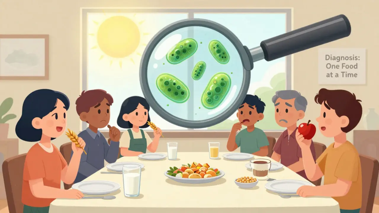 A group at a dinner table with feared foods under a magnifying glass revealing eosinophils, while one eats a safe apple.