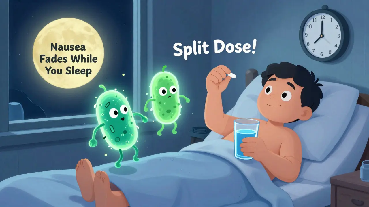 A patient takes a nighttime dose with probiotics nearby, clock showing split dosing, in a whimsical rubber hose animation.