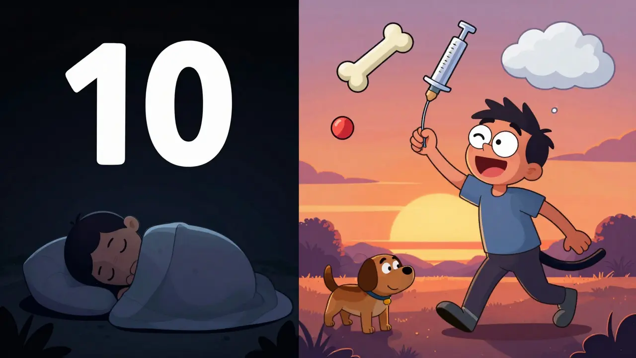 A patient transformed from lonely darkness to joyful sunset walk, with medical tools lifting pain away in rubber hose animation.