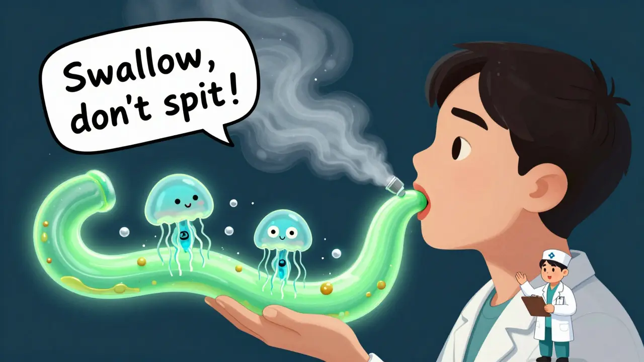 A person swallowing a glowing green slurry that soothes a bouncy esophagus, with tiny steroid molecules floating inside.