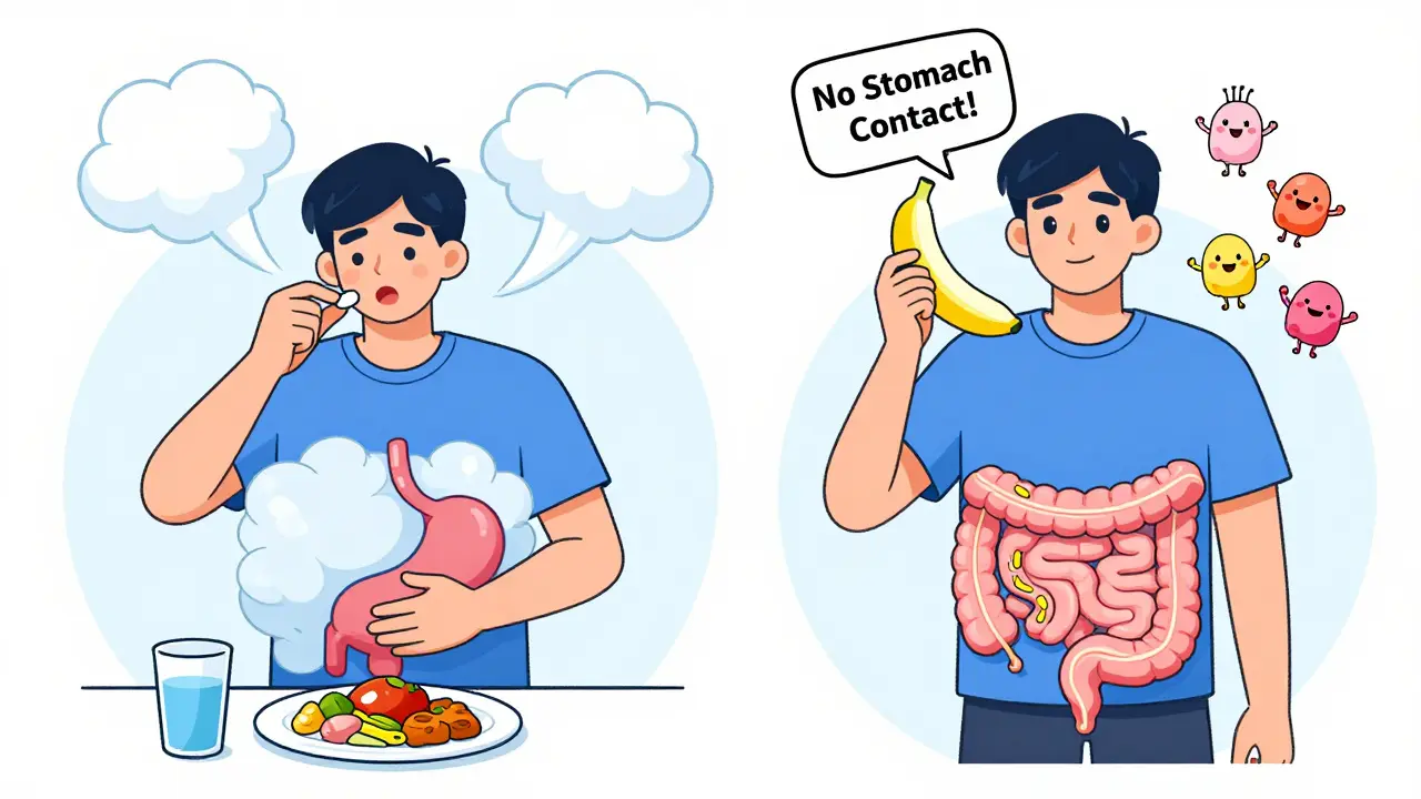 A person switches from CellCept to Myfortic, showing stomach irritation versus smooth intestinal passage in a playful cartoon style.