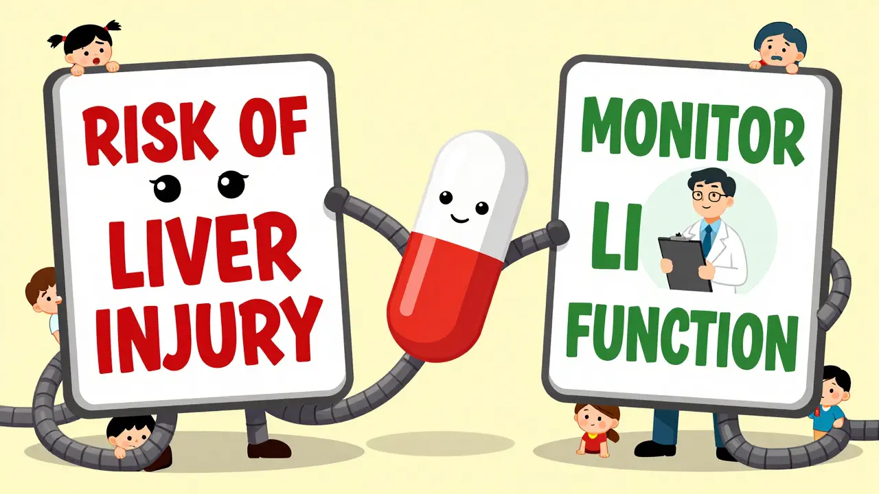 A pill between two cartoon warning signs: one scary U.S. label and one calm EU label, with patients watching.
