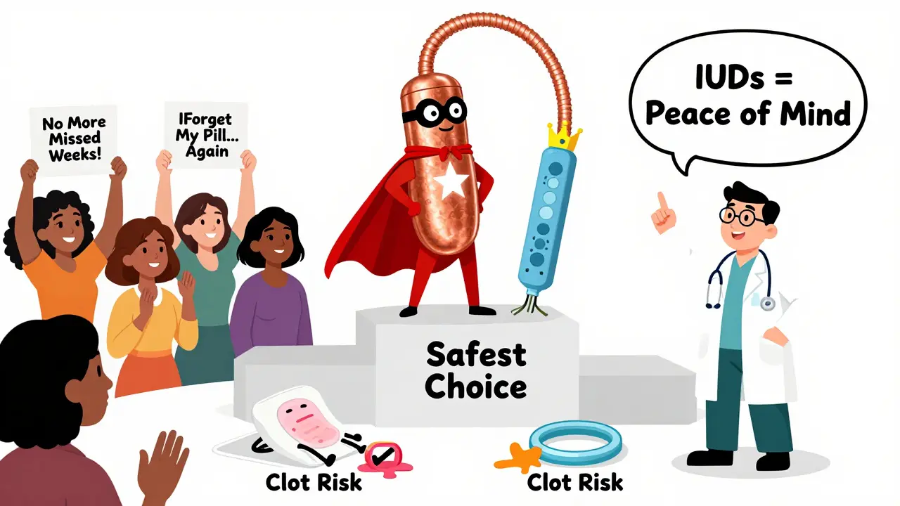 A superhero IUD duo defeating patch and ring in a medical showdown, with women cheering and estrogen symbols melting.