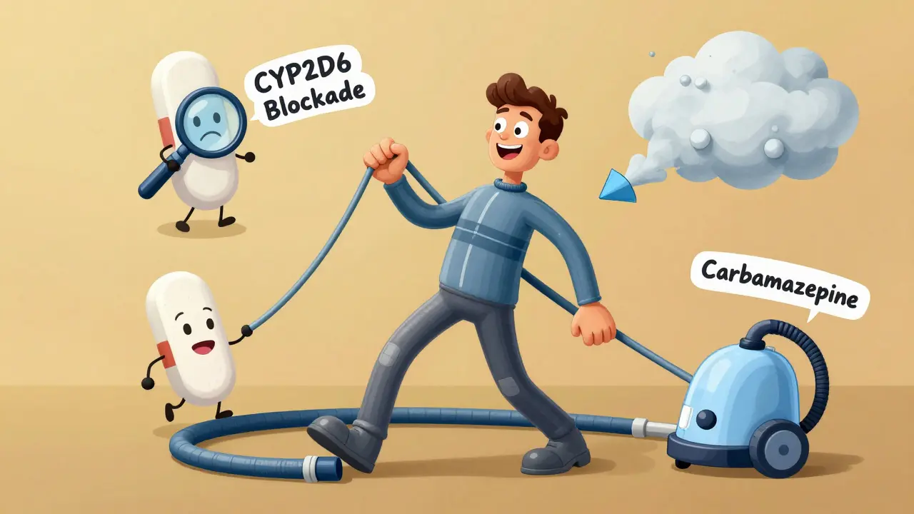 A transgender man with floating antidepressants tugging at his testosterone clouds in a whimsical rubber hose illustration.