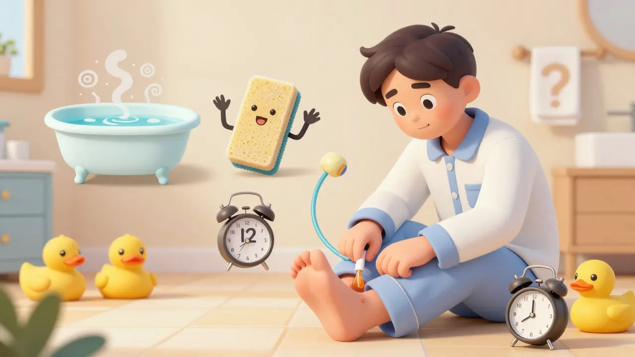 An adult applying salicylic acid to a foot wart, with step-by-step cartoon tools floating nearby.