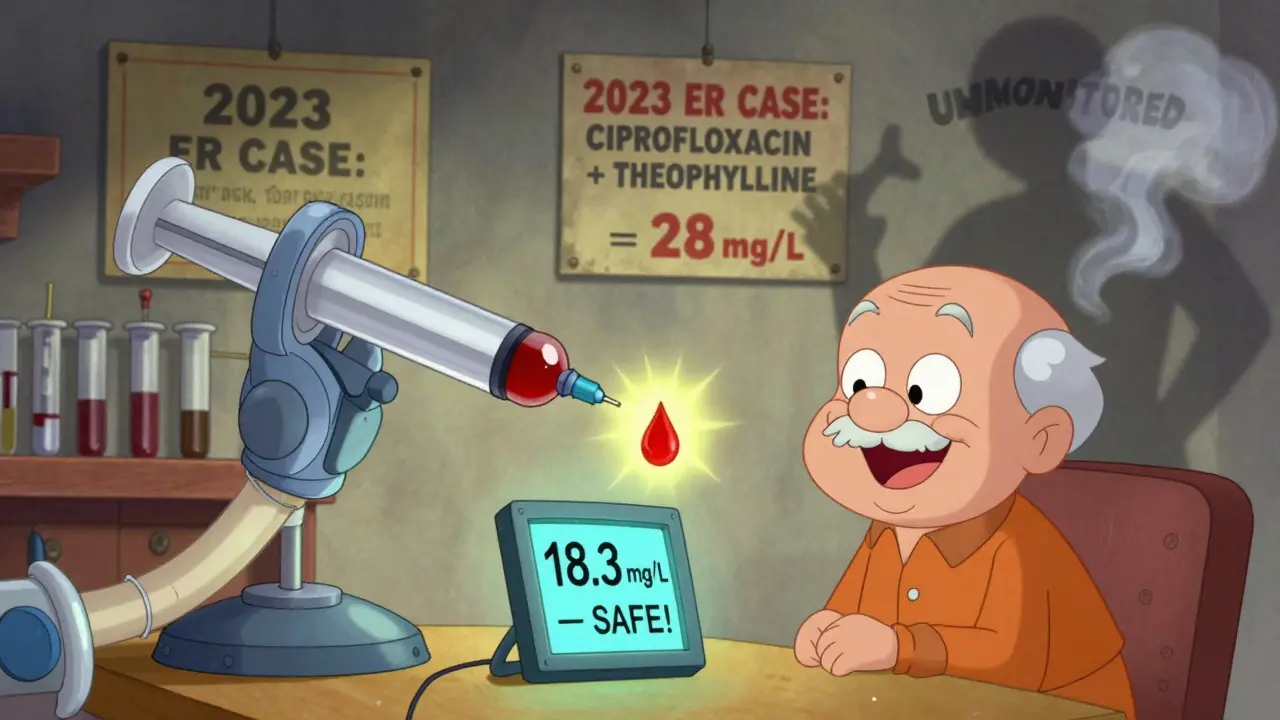 An elderly patient using a handheld device to check theophylline levels, with past emergency warnings in background.