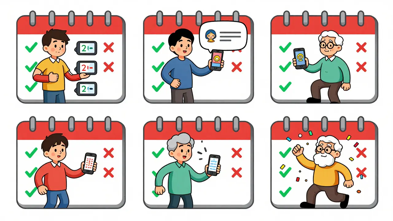 Diverse people in cartoon style celebrating medication adherence with checkmarks, calendars, and shared digital stats.