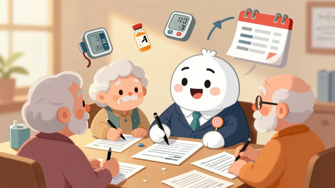 Friendly counselor helping seniors complete forms with floating medical icons and a spinning calendar showing backdated benefits.