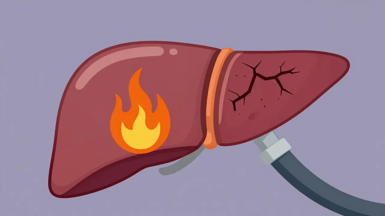 Liver changing from healthy to scarred with inflammation and fibrosis stages