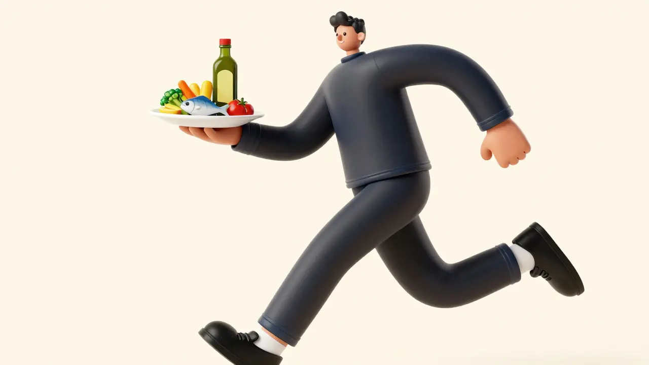 Person jogging with Mediterranean diet plate of vegetables, fish, and olive oil