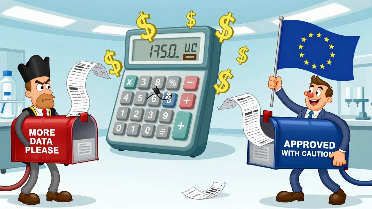 Pharma lab with long arms sending data to U.S. and EU mailboxes, dollar signs flying from the EU side.