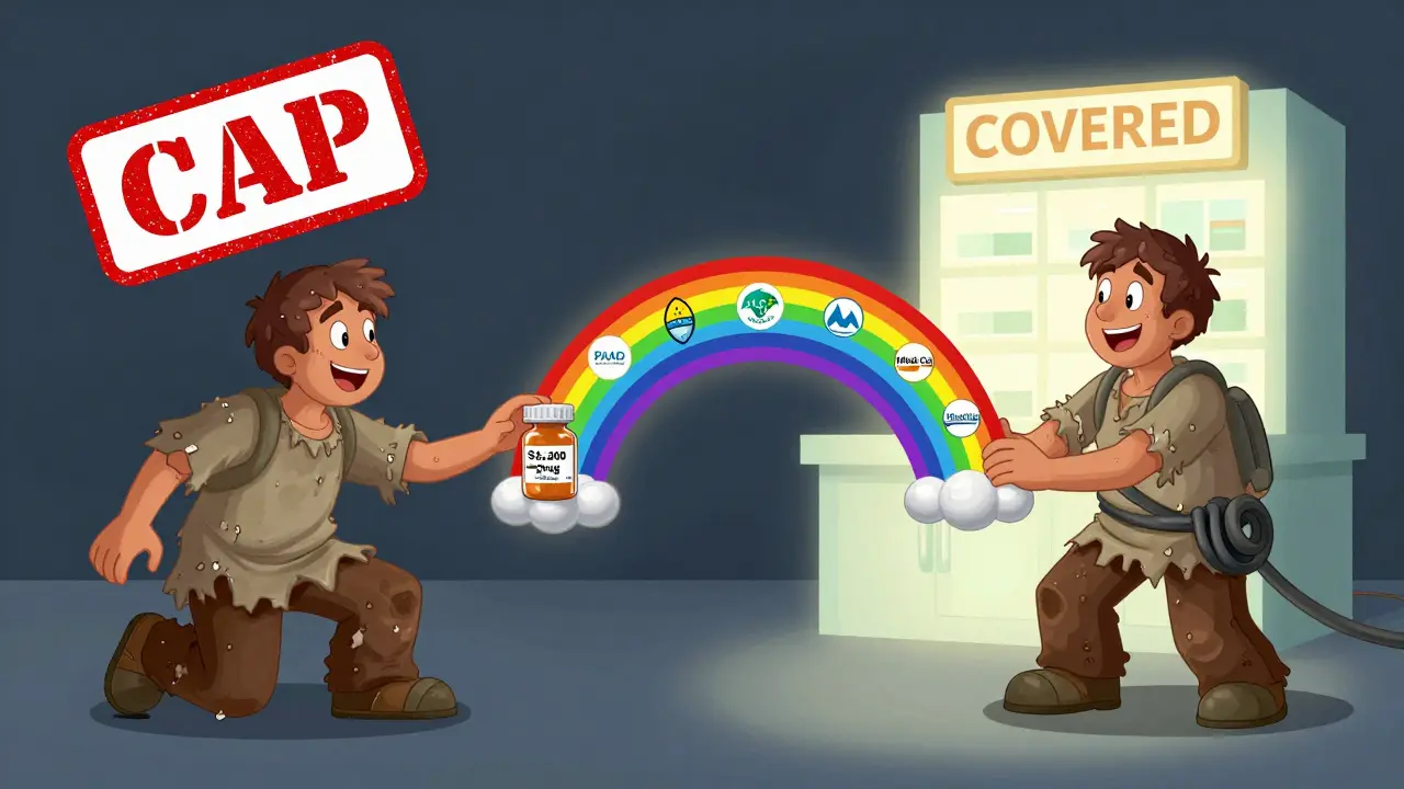 Split scene: person struggling with expensive pill vs. same person helped by state programs forming a rainbow bridge to a covered pharmacy.