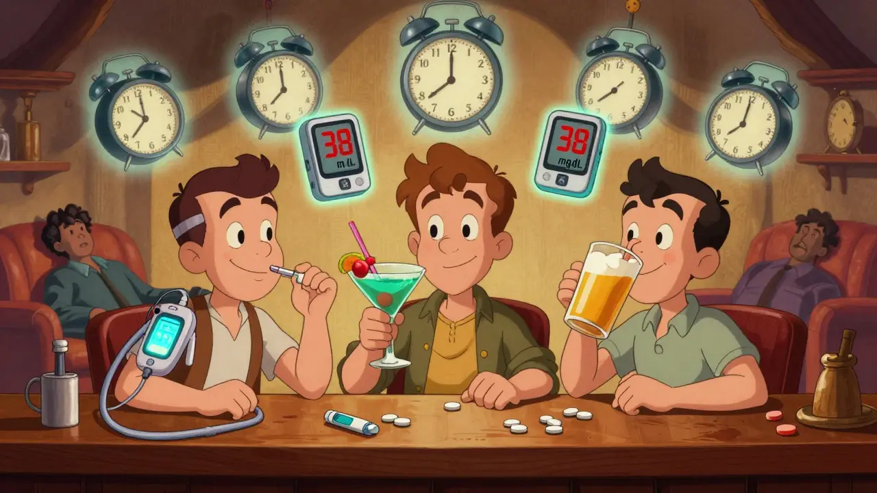 Three diabetic individuals at a bar with glowing glucose monitors showing dangerous lows at night, in rubber hose animation style.