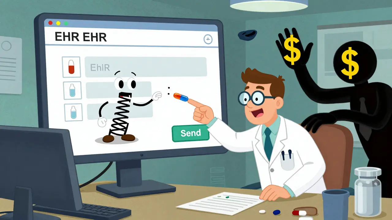 A cartoon doctor's finger is pulled toward a generic drug option by a springy pill, while pharma reps tug in the opposite direction.