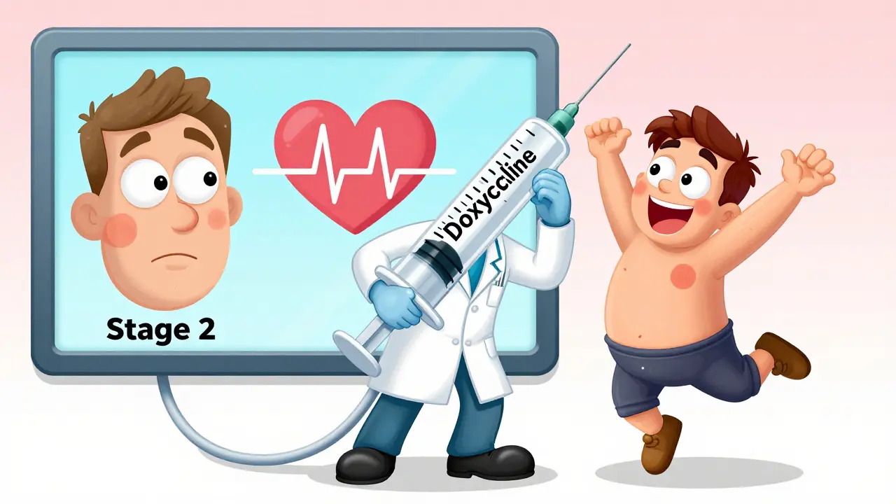 A doctor giving an antibiotic shot to a happy patient while Stage 2 Lyme symptoms appear in the background.