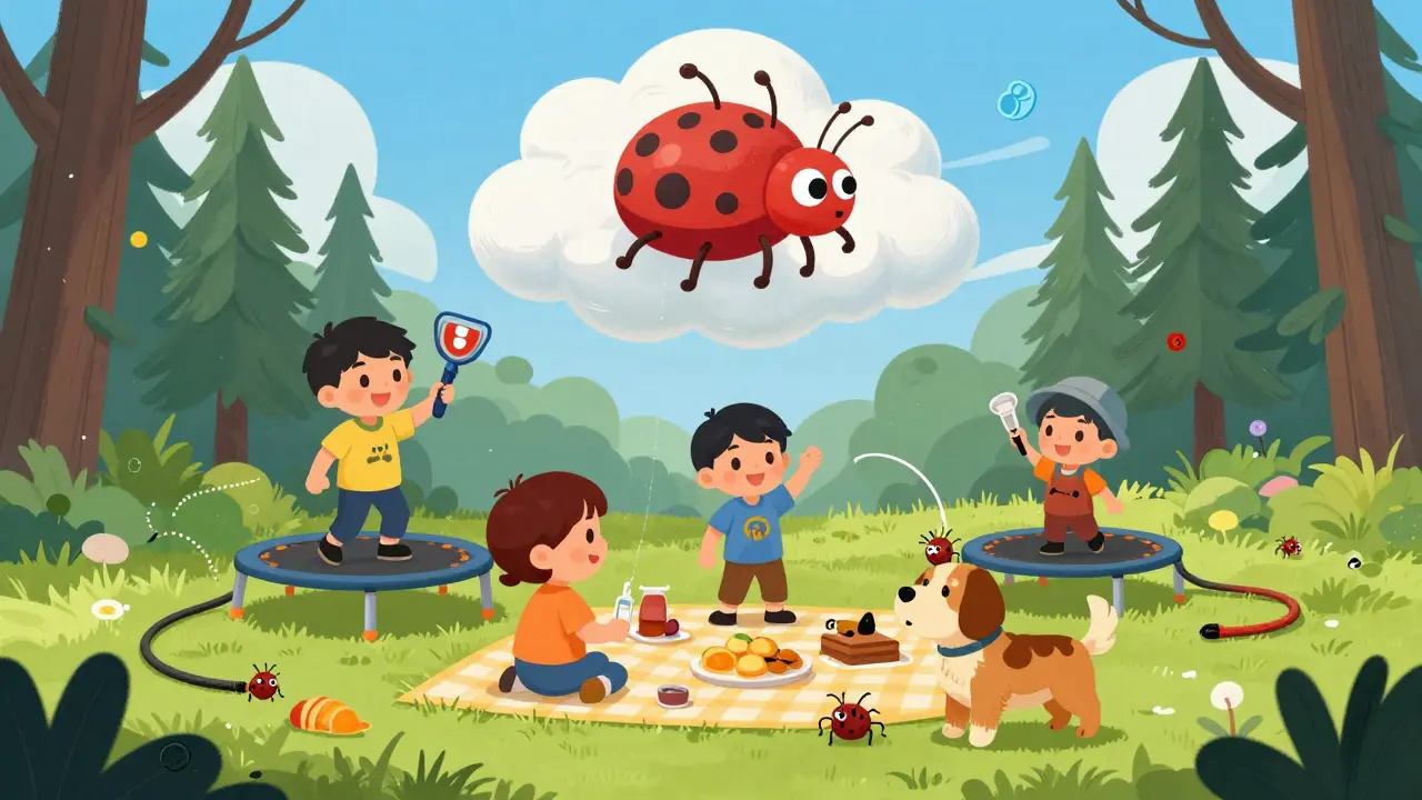 A family having a picnic with tick prevention gear, a giant tick cloud above, and a tick being removed from a dog.