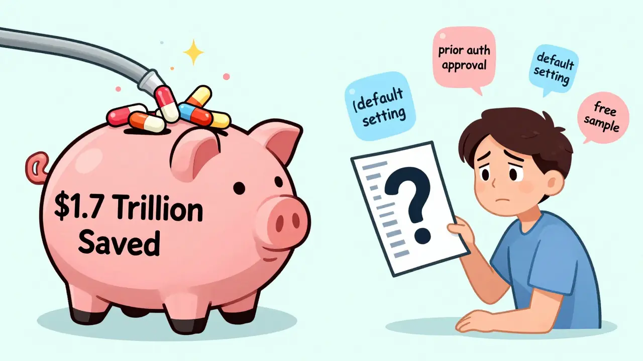 A giant piggy bank overflows with generic pills, while a confused patient faces icons of prescribing incentives.