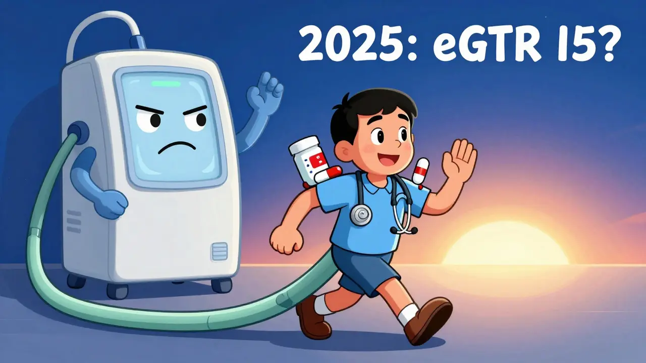 A patient walks toward a bright horizon with metformin and SGLT2 inhibitor pills as superhero sidekicks, while a frowning dialysis machine waves goodbye.