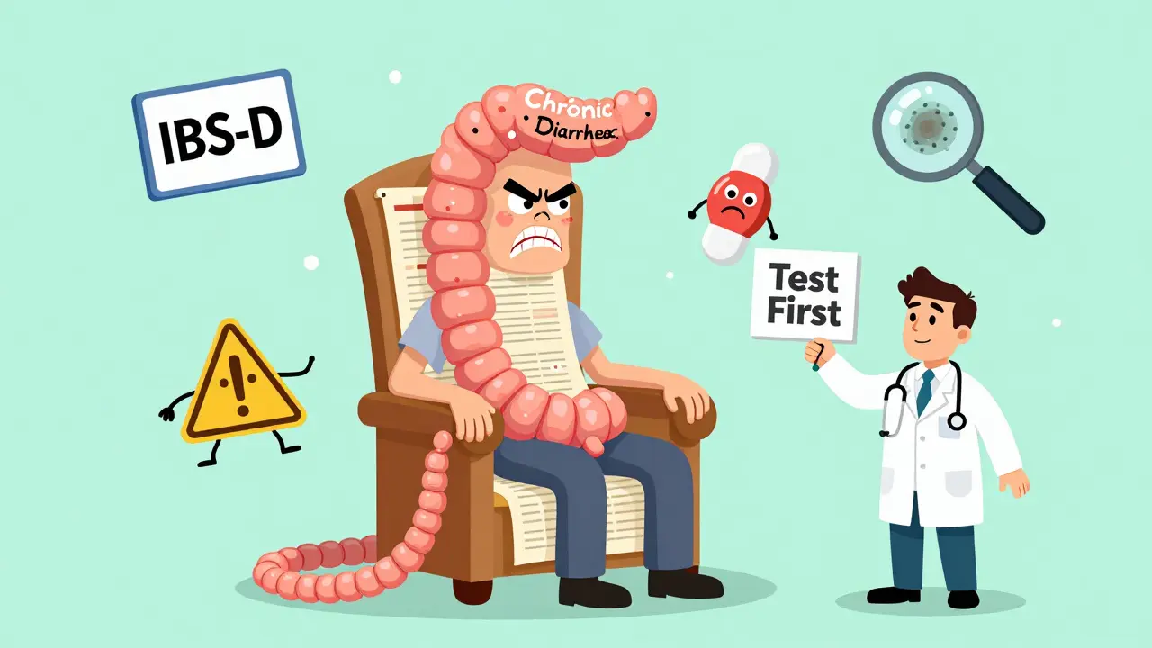 A person with a giant colon surrounded by medical symbols like IBS, bile acids, and a loperamide warning.